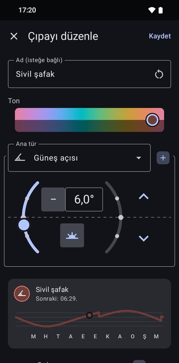 Güneş açısı türünde, adı Civil dawn olan Edit anchor ekranı: sabah tarafında 6.0° açı ve yılın zamanını gösteren bir eğrinin üstünde 'Next: 06:29' yazan önizleme kartı.