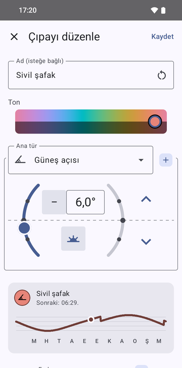 Güneş açısı türünde, adı Civil dawn olan Edit anchor ekranı: sabah tarafında 6.0° açı ve yılın zamanını gösteren bir eğrinin üstünde 'Next: 06:29' yazan önizleme kartı.