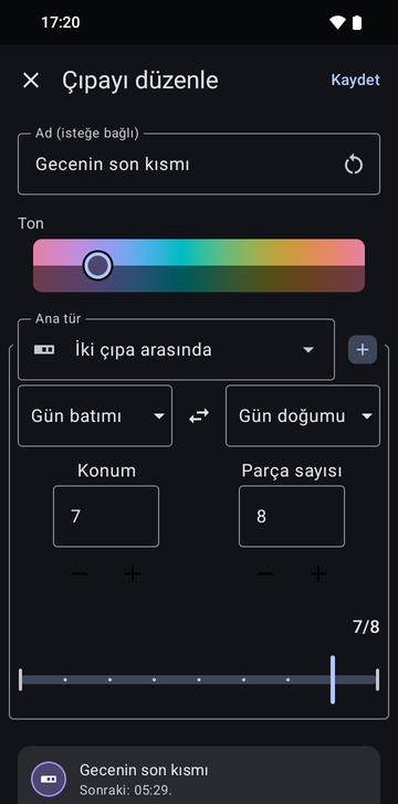 İki çıpa arasında türünde, adı Last part of the night olan Edit anchor ekranı: Sunset'ten Sunrise'a, Position 7 ve Number of parts 8; bir kaydırıcıda 7/8 olarak gösteriliyor, önizlemede 'Next: 05:29' yazıyor.