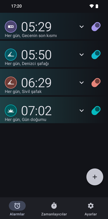 Her biri her gün tekrarlanan dört alarmlı Risetime alarm listesi: Last part of the night'ta 05:29, Nautical dawn'da 05:50, Civil dawn'da 06:29 ve Sunrise'ta 07:02.