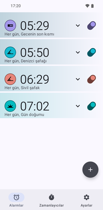 Her biri her gün tekrarlanan dört alarmlı Risetime alarm listesi: Last part of the night'ta 05:29, Nautical dawn'da 05:50, Civil dawn'da 06:29 ve Sunrise'ta 07:02.