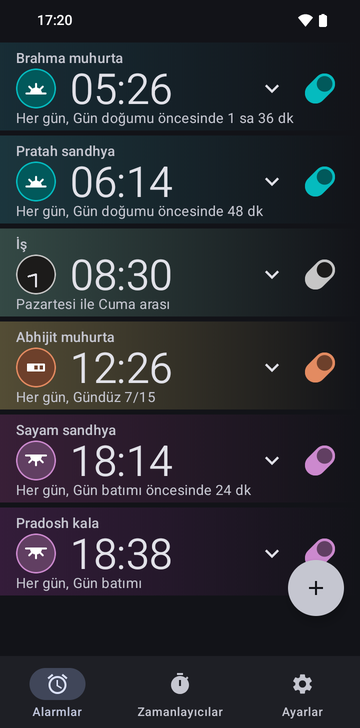Risetime alarm listesi, altı alarmla: Brahma muhurta 05:26, Her gün, Gün doğumu öncesinde 1 sa 36 dk; Pratah sandhya 06:14, Her gün, Gün doğumu öncesinde 48 dk; İş 08:30, Pazartesi ile Cuma arası; Abhijit muhurta 12:26, Her gün, Gündüz 7/15; Sayam sandhya 18:14, Her gün, Gün batımı öncesinde 24 dk; ve Pradosh kala 18:38, Her gün, Gün batımı.