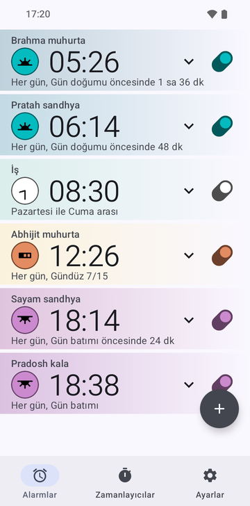 Risetime alarm listesi, altı alarmla: Brahma muhurta 05:26, Her gün, Gün doğumu öncesinde 1 sa 36 dk; Pratah sandhya 06:14, Her gün, Gün doğumu öncesinde 48 dk; İş 08:30, Pazartesi ile Cuma arası; Abhijit muhurta 12:26, Her gün, Gündüz 7/15; Sayam sandhya 18:14, Her gün, Gün batımı öncesinde 24 dk; ve Pradosh kala 18:38, Her gün, Gün batımı.