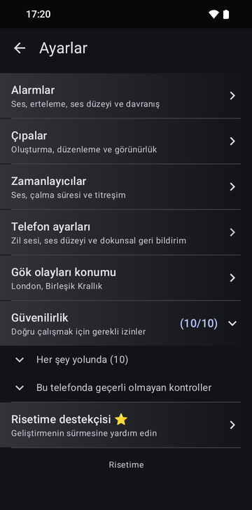 Risetime ayarlar ekranı: Alarms, Anchors, Timers, Phone's settings ve Celestial events location satırları, konum London, United Kingdom. (10/10) işaretli Reliability satırı açık ve All good (10) ile Checks this phone doesn't have gösteriyor. Altta Supporting Risetime var ve alt bilgide Risetime yazıyor.