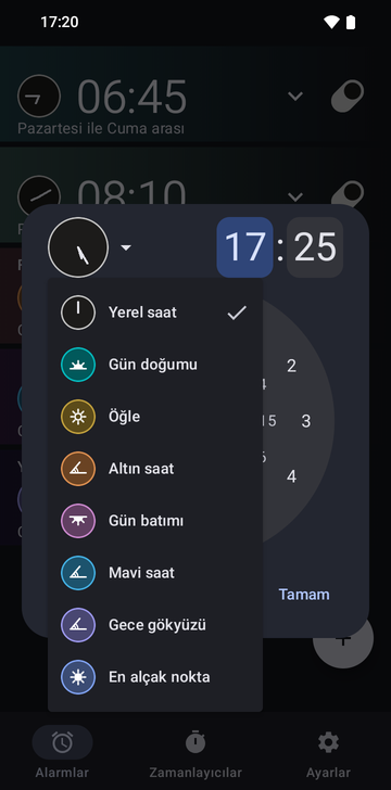 Yeni alarm penceresi 17:25'e ayarlı ve çıpa menüsü açık: Local time (işaretli), Sunrise, Noon, Golden hour, Sunset, Blue hour, Night sky ve Nadir.