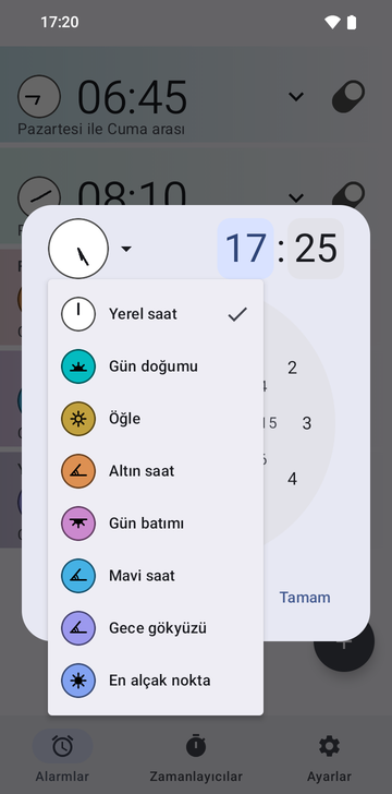 Yeni alarm penceresi 17:25'e ayarlı ve çıpa menüsü açık: Local time (işaretli), Sunrise, Noon, Golden hour, Sunset, Blue hour, Night sky ve Nadir.