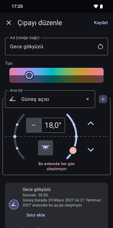 Güneş açısı türünde, adı Night sky olan Edit anchor ekranı: akşam tarafında 18.0° açı, kırmızı bir uyarı (Not reached every day at this latitude) ve 'Next: 20:30' ile 'The sun does not reach this angle here from May 23, 2027 to July 21, 2027' yazan bir önizleme kartı; Add a limit düğmesi de var.