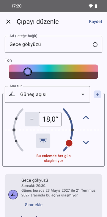 Güneş açısı türünde, adı Night sky olan Edit anchor ekranı: akşam tarafında 18.0° açı, kırmızı bir uyarı (Not reached every day at this latitude) ve 'Next: 20:30' ile 'The sun does not reach this angle here from May 23, 2027 to July 21, 2027' yazan bir önizleme kartı; Add a limit düğmesi de var.