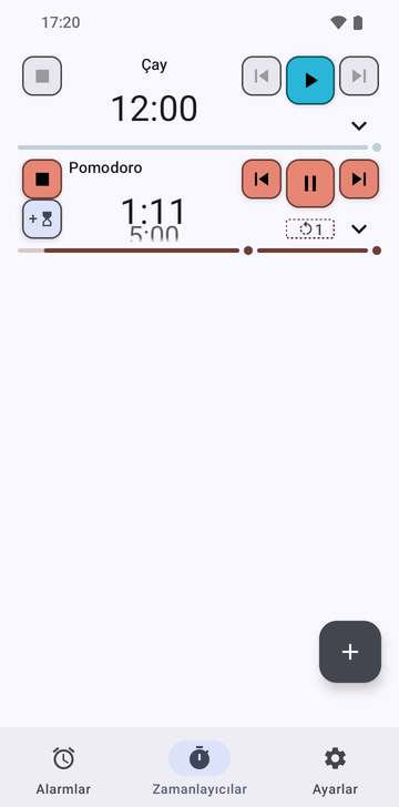 Risetime uygulamasının Timers sekmesi, iki zamanlayıcıyla: Tea, 12:00, başlamamış, bir oynat düğmesiyle; ve 1:11'de çalışan bir Pomodoro dizisi, altından sonraki 5:00 zamanlayıcı görünüyor; durdur, önceki, duraklat, sonraki ve bir dakika ekle düğmeleri ile 1 gösteren bir döngü sayacı. Alarms, Timers ve Settings sekmeleri altta yer alır.