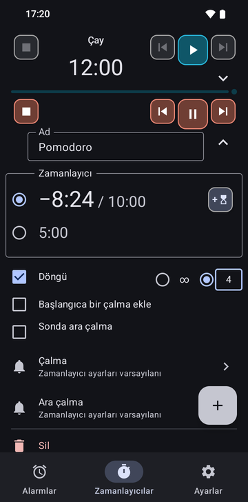Risetime uygulamasının Timers sekmesinde açılmış Pomodoro dizisi, 12:00'deki katlanmış Tea zamanlayıcısının altında: −8:25 / 10:00 seçili ve 5:00, Loop işaretli ve 4 tur seçili, Add a ring at the start ile Intermediate ring at the end işaretsiz, Ring ve Intermediate ring satırları Timer settings default değerinde ve bir Delete satırı.