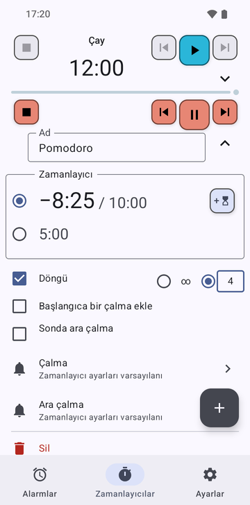 Risetime uygulamasının Timers sekmesinde açılmış Pomodoro dizisi, 12:00'deki katlanmış Tea zamanlayıcısının altında: −8:25 / 10:00 seçili ve 5:00, Loop işaretli ve 4 tur seçili, Add a ring at the start ile Intermediate ring at the end işaretsiz, Ring ve Intermediate ring satırları Timer settings default değerinde ve bir Delete satırı.