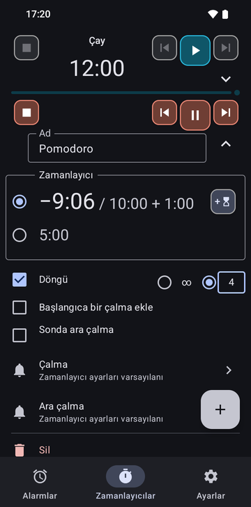 Risetime uygulamasının Timers sekmesinde açılmış Pomodoro dizisi, 12:00'deki katlanmış Tea zamanlayıcısının altında: −9:06 / 10:00 + 1:00 seçili (bir dakika eklenmiş) ve 5:00, Loop işaretli ve 4 tur seçili, iki çalma kutusu da işaretsiz ve bir Delete satırı.
