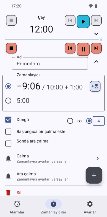 Risetime uygulamasının Timers sekmesinde açılmış Pomodoro dizisi, 12:00'deki katlanmış Tea zamanlayıcısının altında: −9:06 / 10:00 + 1:00 seçili (bir dakika eklenmiş) ve 5:00, Loop işaretli ve 4 tur seçili, iki çalma kutusu da işaretsiz ve bir Delete satırı.
