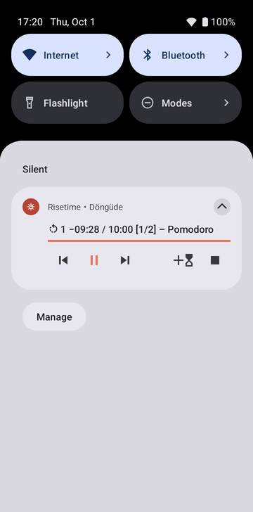 Perşembe, 1 Ekim 17:20'de bildirim paneli, sessiz bir Risetime bildirimiyle: Looping: [↺ 1] −09:28 / 10:00 [1/2] – Pomodoro; önceki, duraklat, sonraki, bir dakika ekle ve durdur düğmeleri.